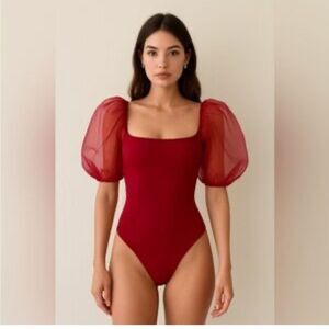 Revolve ASTR the Label  Darling Sheer Puff Sleeve Bodysuit wine